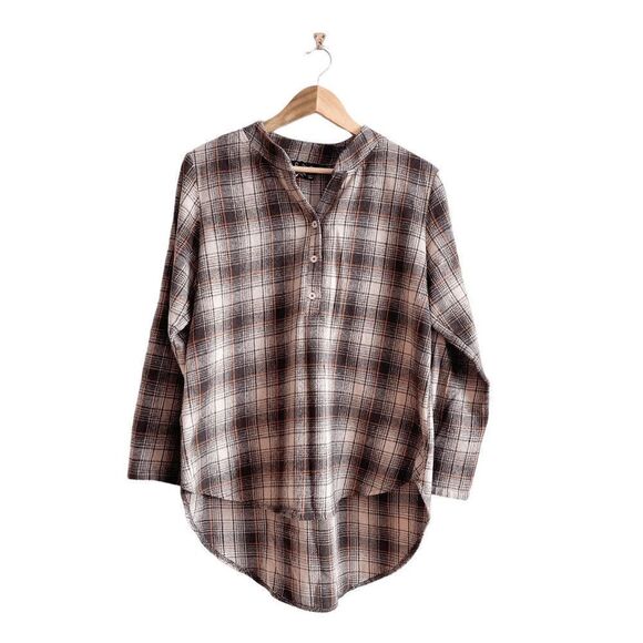 Papillon Womens Long Sleeve Plaid Curved Hi-Lo Hem Brown Tan Top Size S - Picture 1 of 6